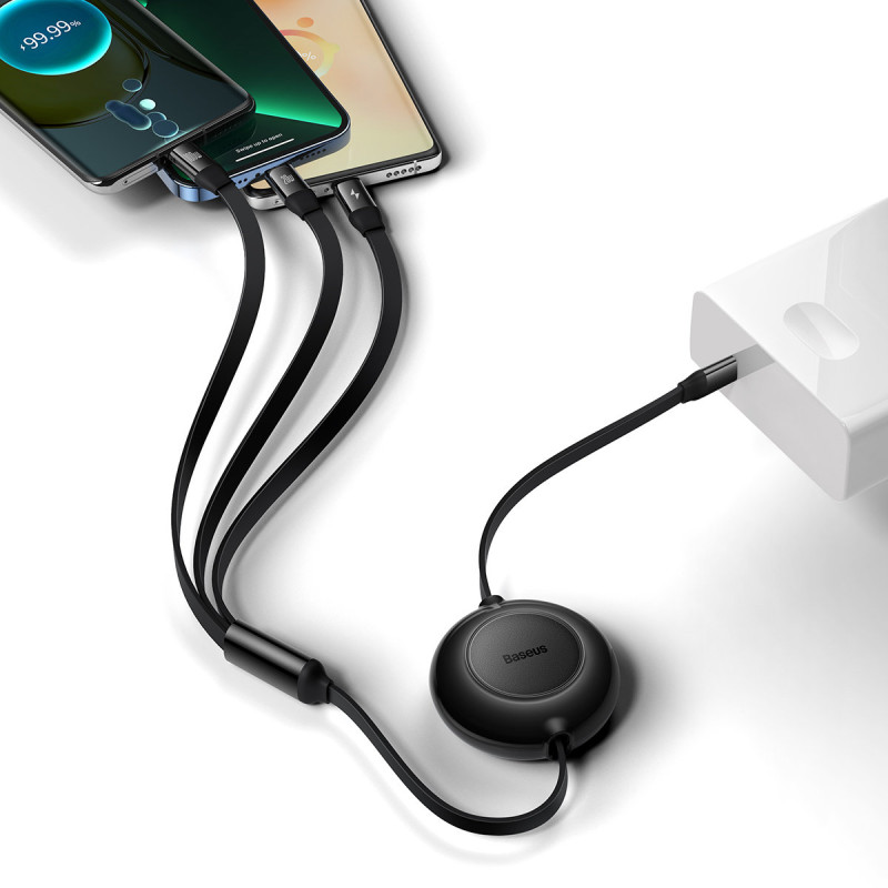 Ištraukiamas kabelis 3in1 USB-C microUSB + iPhone Lightning + USB-C 3.5A 1.1m juodas