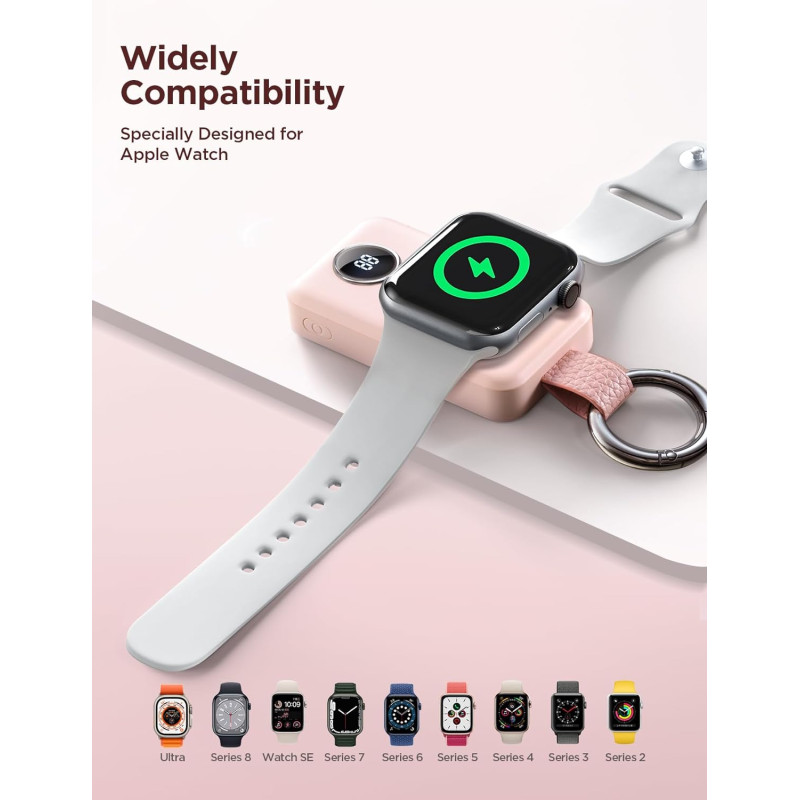 Mini Powerbank raktų pakabukas 2000mAh 3W su Apple Watch įkrovikliu, rožinė
