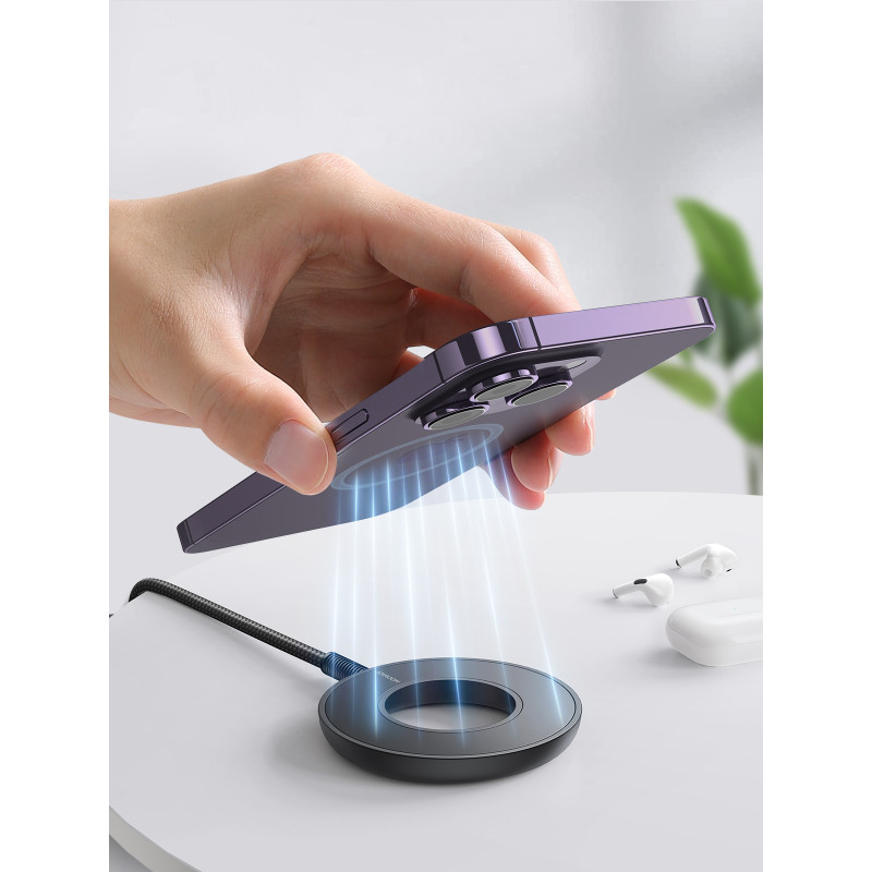 Belaidis magnetinis įkroviklis 15W su USB / USB-C laidu, juodas
