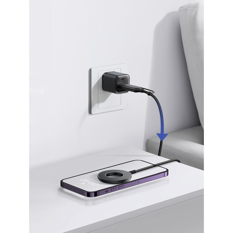 Belaidis magnetinis įkroviklis 15W su USB / USB-C laidu, juodas