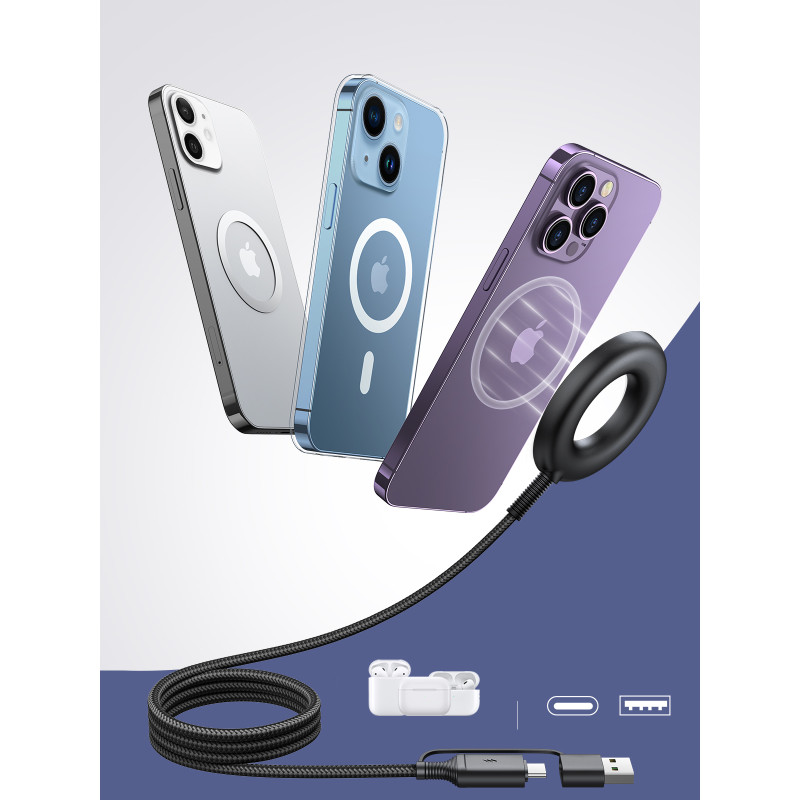 Belaidis magnetinis įkroviklis 15W su USB / USB-C laidu, juodas