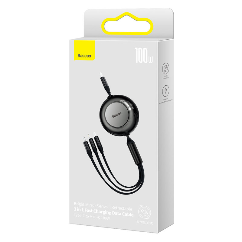 Ištraukiamas kabelis 3in1 USB-C microUSB + iPhone Lightning + USB-C 3.5A 1.1m juodas