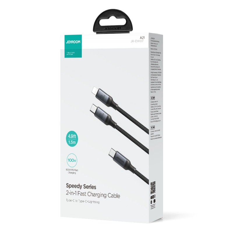 2in1 Speedy Series USB-C – USB-C / iPhone Lightning kabelis 100W 1,5m juodas