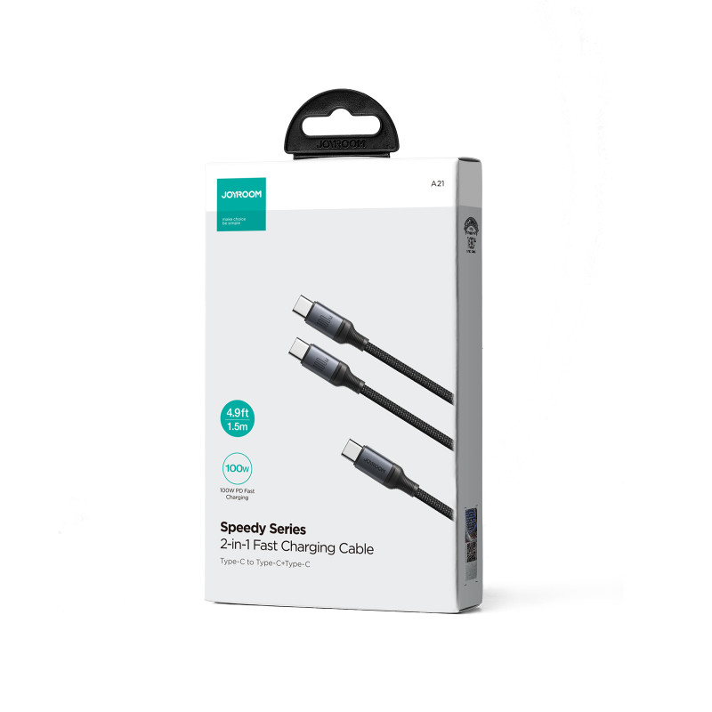 2in1 Speedy Series USB-C – 2x USB-C laidas, 1,5 m juodas