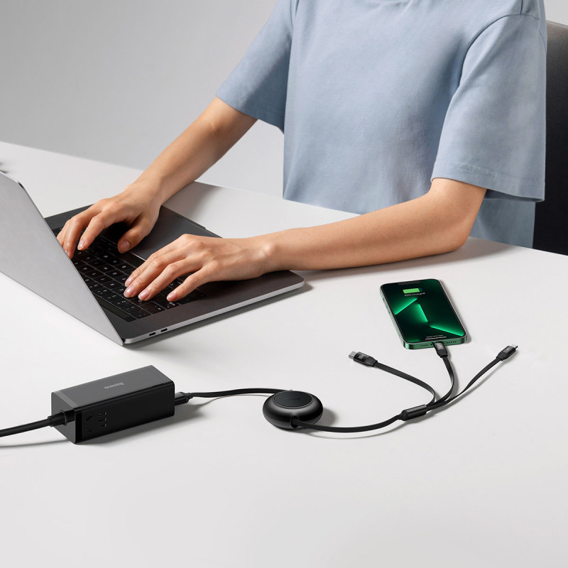 Ištraukiamas kabelis 3in1 USB-C microUSB + iPhone Lightning + USB-C 3.5A 1.1m juodas