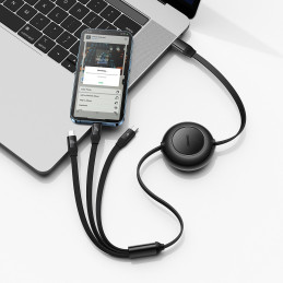 Ištraukiamas kabelis 3in1 USB-C microUSB + iPhone Lightning + USB-C 3.5A 1.1m juodas