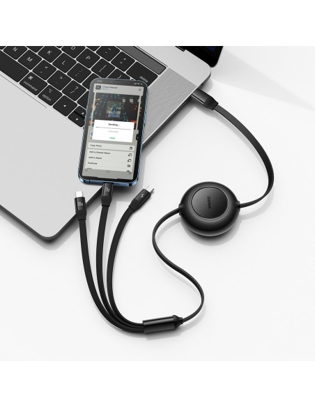 Ištraukiamas kabelis 3in1 USB-C microUSB + iPhone Lightning + USB-C 3.5A 1.1m juodas Ištraukiamas kabelis 3in1 USB-C microUSB + iPhone Lightning + USB-C 3.5A 1.1m juodas