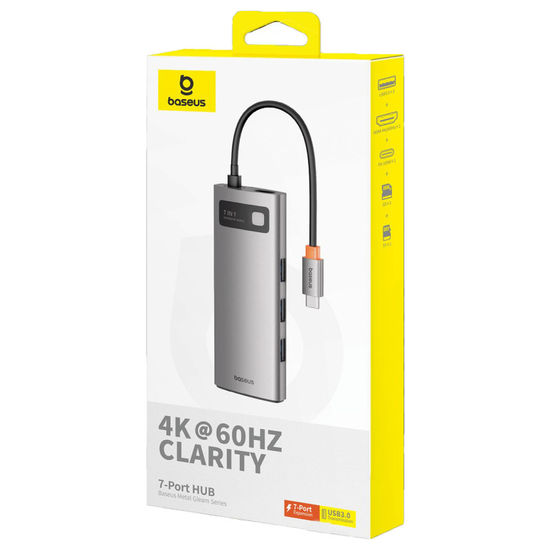 7in1 HUB adapteris Metal Gleam serija USB-C į USB-C PD 3x USB-A HDMI SD TF pilka