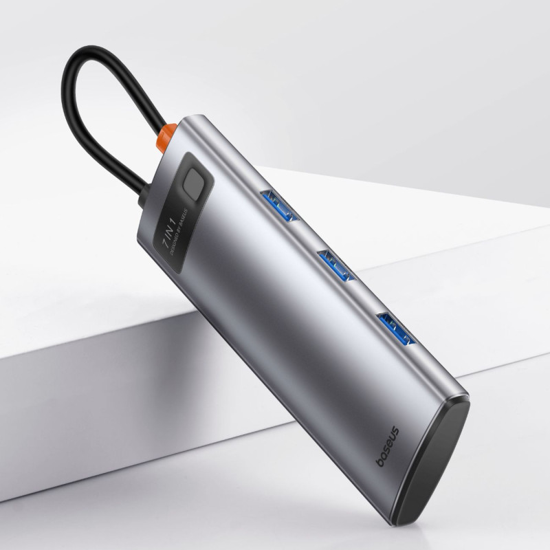 7in1 HUB adapteris Metal Gleam serija USB-C į USB-C PD 3x USB-A HDMI SD TF pilka