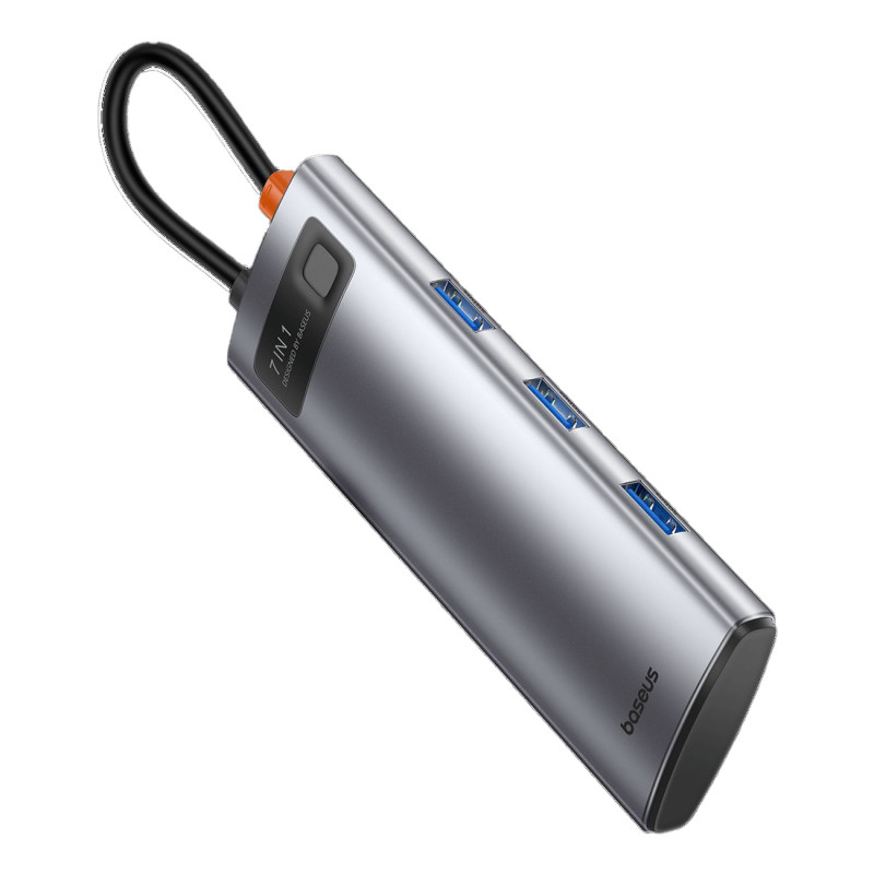 7in1 HUB adapteris Metal Gleam serija USB-C į USB-C PD 3x USB-A HDMI SD TF pilka