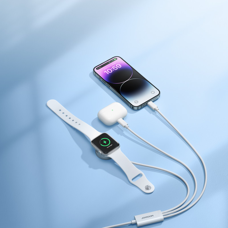3in1 kabelis USB-A laidas su indukciniu įkrovikliu + 2x iPhone Lightning 1,2 m baltas