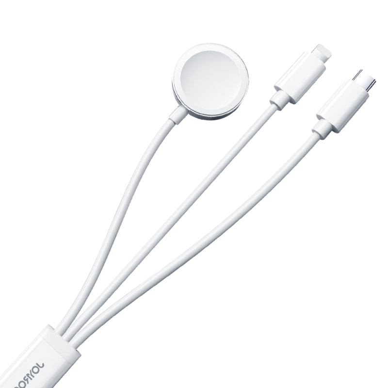 
3in1 kabelis USB-A laidas su indukciniu įkrovikliu + 1x iPhone Lightning + 1x USB-C 1,2 m baltas
