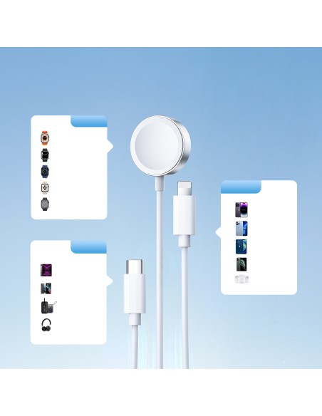 
3in1 kabelis USB-A laidas su indukciniu įkrovikliu + 1x iPhone Lightning + 1x USB-C 1,2 m baltas
