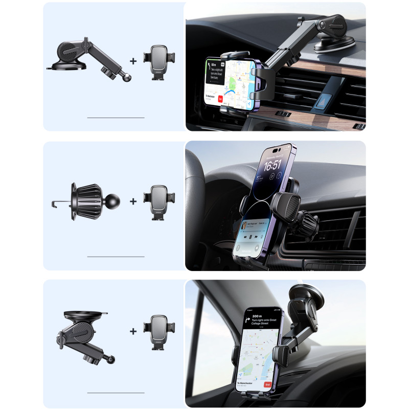Universalus automobilinio telefono laikiklis kabinai, langui, ventiliacijos grotelėms, juodas