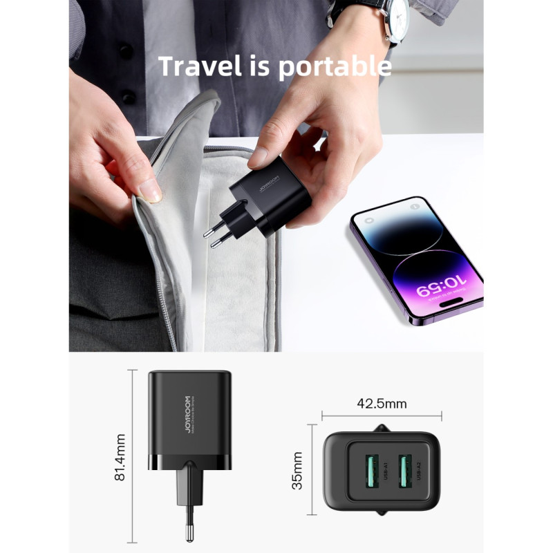 2x USB-A 12W 2,4A tinklo įkroviklis, juodas