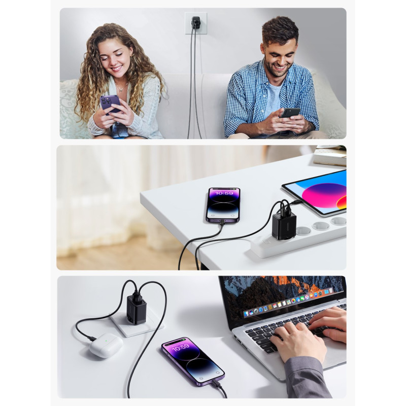 2x USB-A 12W 2,4A tinklo įkroviklis, juodas