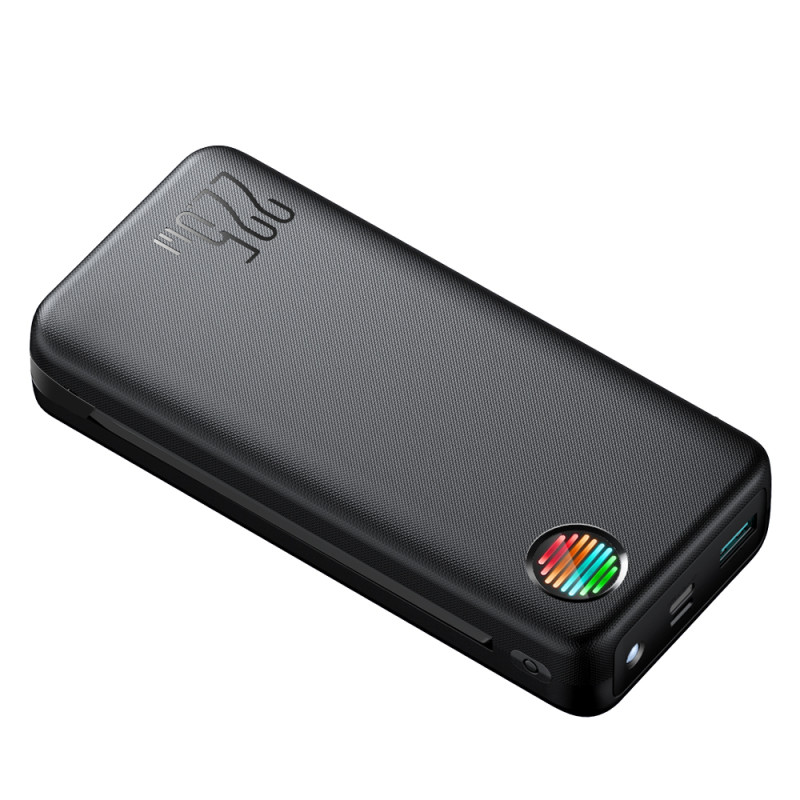 Powerbank 20000mAh 22,5W su integruotu USB-C ir iPhone Lightning laidais juodi