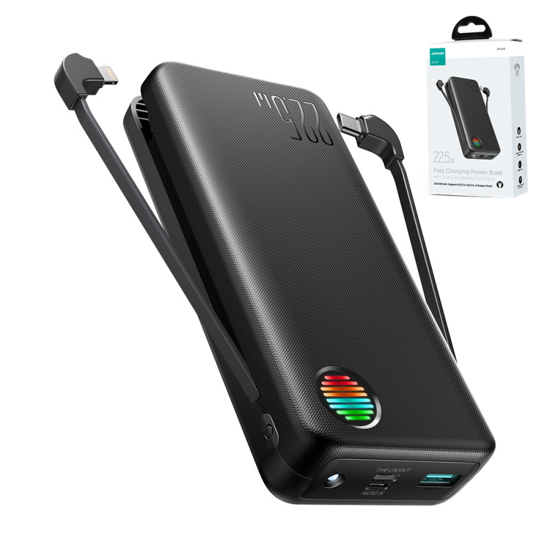 Powerbank 20000mAh 22,5W su integruotu USB-C ir iPhone Lightning laidais juodi