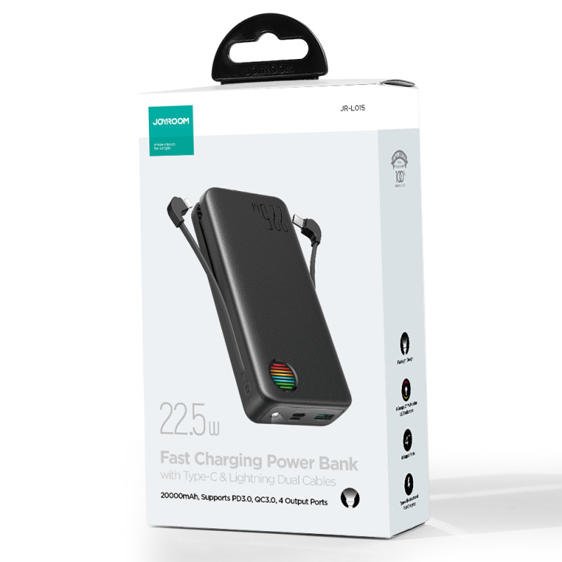 Powerbank 20000mAh 22,5W su integruotu USB-C ir iPhone Lightning laidais juodi
