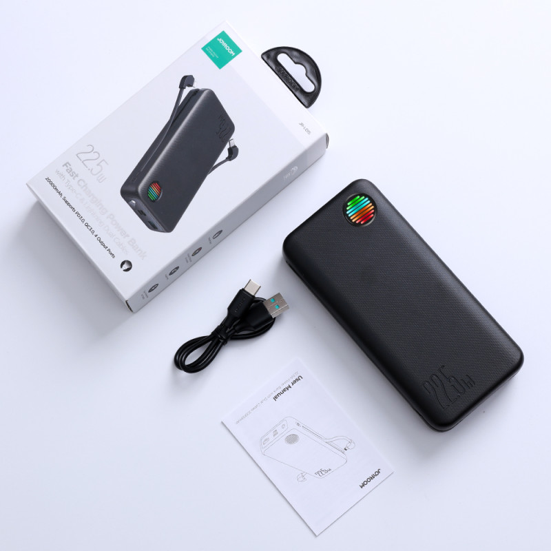 Powerbank 20000mAh 22,5W su integruotu USB-C ir iPhone Lightning laidais juodi