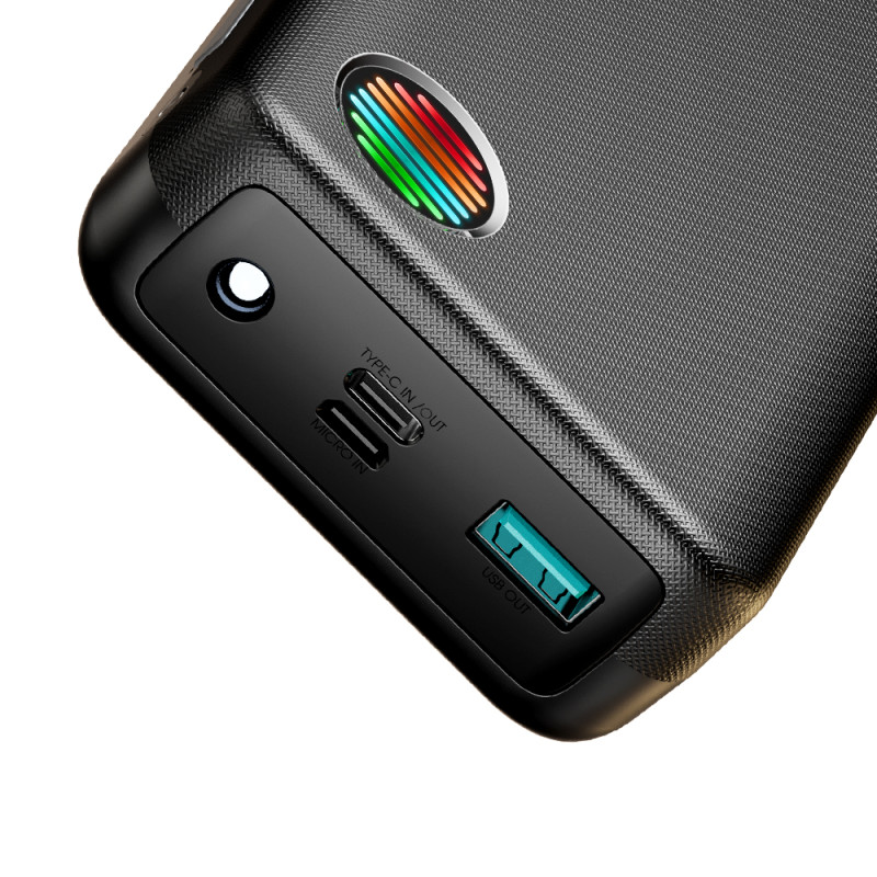Powerbank 20000mAh 22,5W su integruotu USB-C ir iPhone Lightning laidais juodi