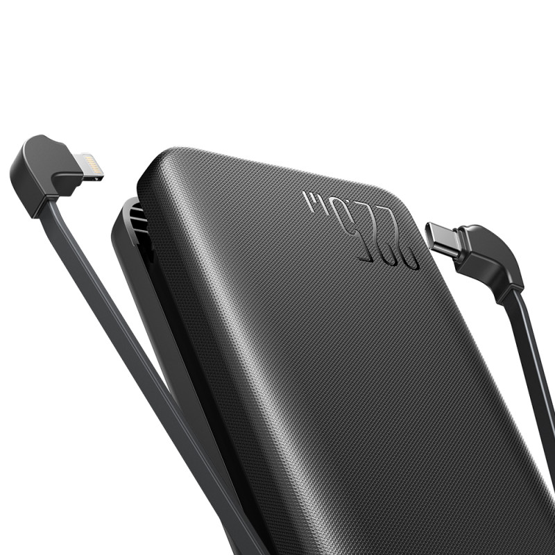 Powerbank 20000mAh 22,5W su integruotu USB-C ir iPhone Lightning laidais juodi