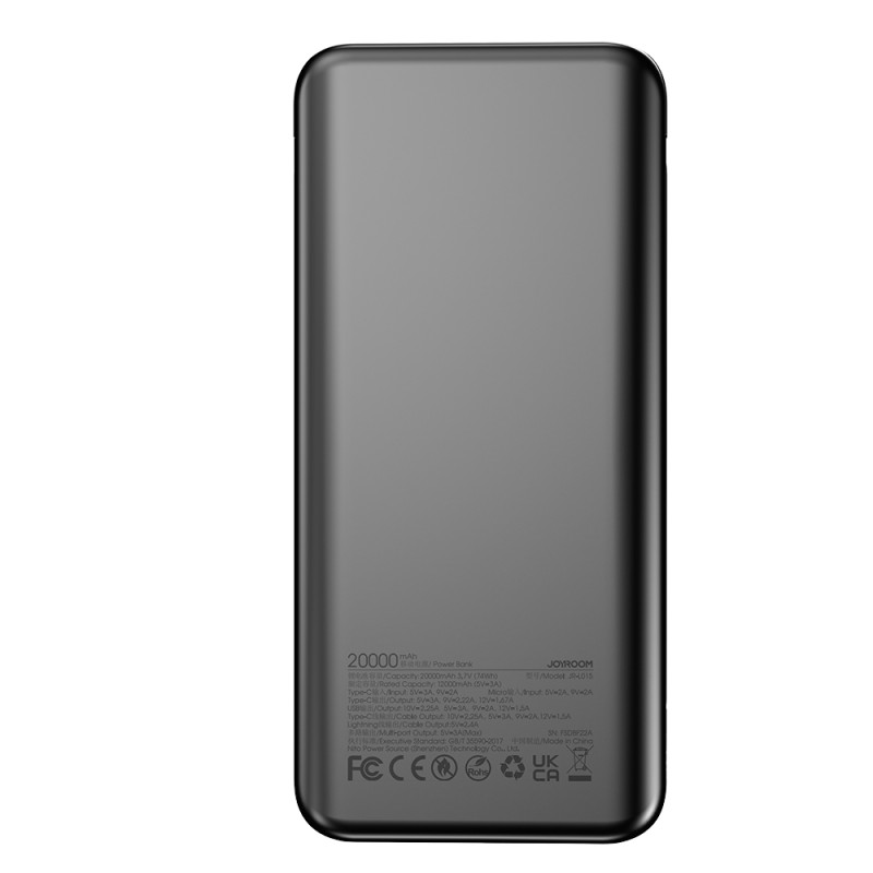 Powerbank 20000mAh 22,5W su integruotu USB-C ir iPhone Lightning laidais juodi