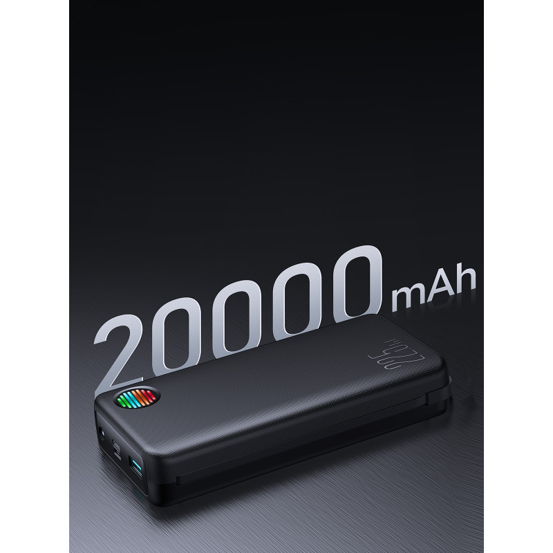Powerbank 20000mAh 22,5W su integruotu USB-C ir iPhone Lightning laidais juodi
