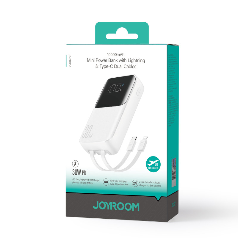 Mini maitinimo blokas 10000mAh su įmontuotais kabeliais JR-PBC06 30W balta