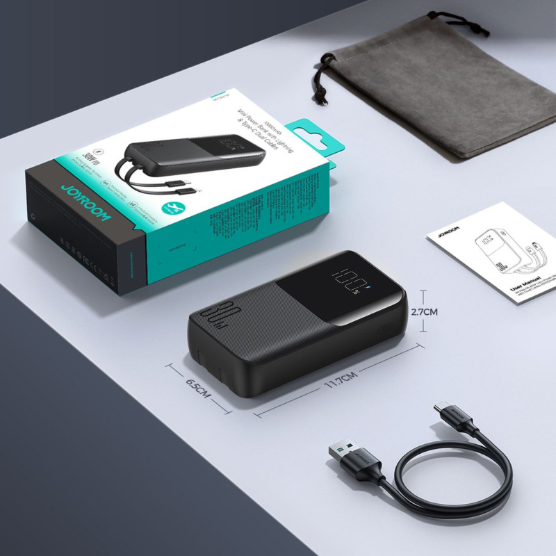 Mini maitinimo blokas 20000mAh su įmontuotais laidais JR-PBC07 30W juodas