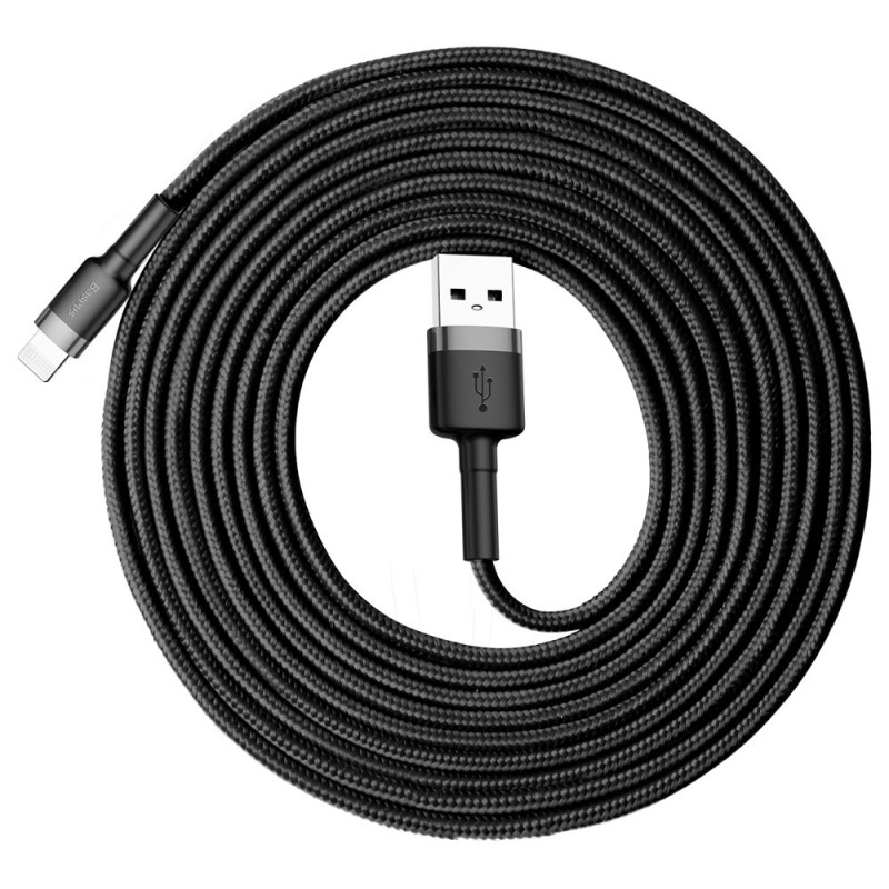 Patvarus nailoninis kabelis USB laidas Iphone Lightning QC3.0 2A 3M juodos ir pilkos spalvos Patvarus nailoninis kabelis USB laidas Iphone Lightning QC3.0 2A 3M juodos ir pilkos spalvos