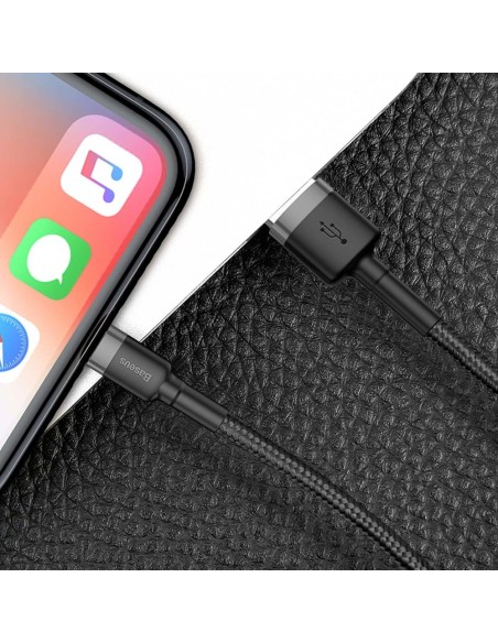 Patvarus nailoninis kabelis USB laidas Iphone Lightning QC3.0 2A 3M juodos ir pilkos spalvos