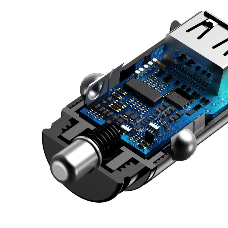 Išmanusis automobilinis įkroviklis su USB ir USB-C QC PD prievadais, juodas