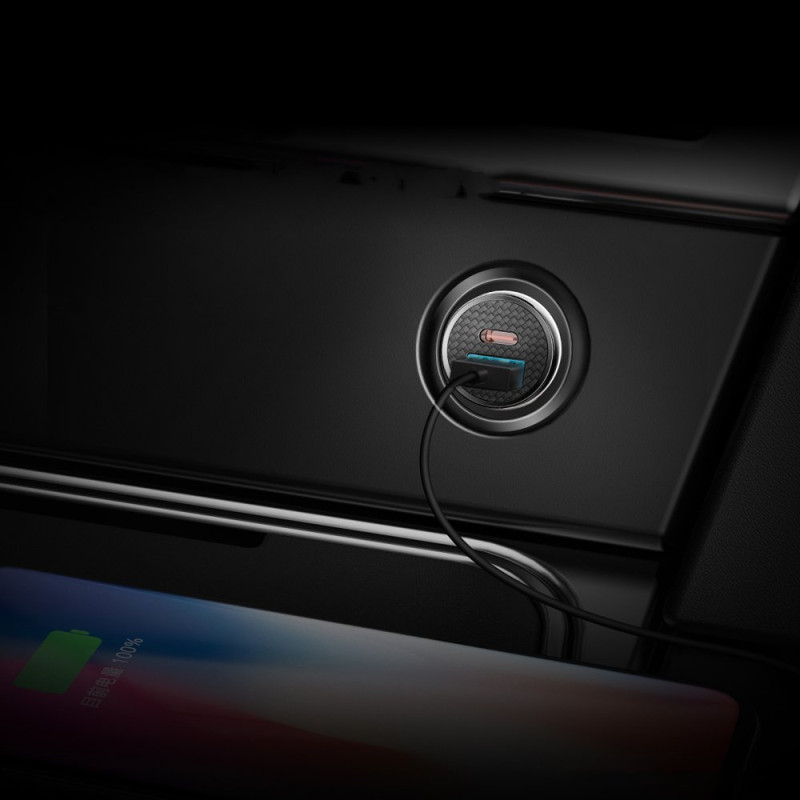 Išmanusis automobilinis įkroviklis su USB ir USB-C QC PD prievadais, juodas