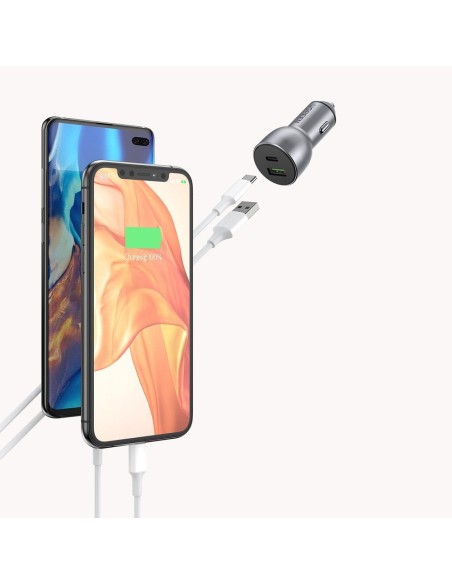 
USB ir USB-C QC 3.0 PD 36W 3A automobilinis įkroviklis, pilkas
