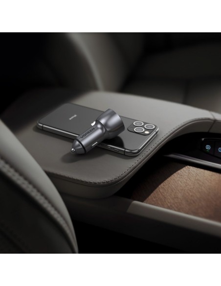 
USB ir USB-C QC 3.0 PD 36W 3A automobilinis įkroviklis, pilkas
