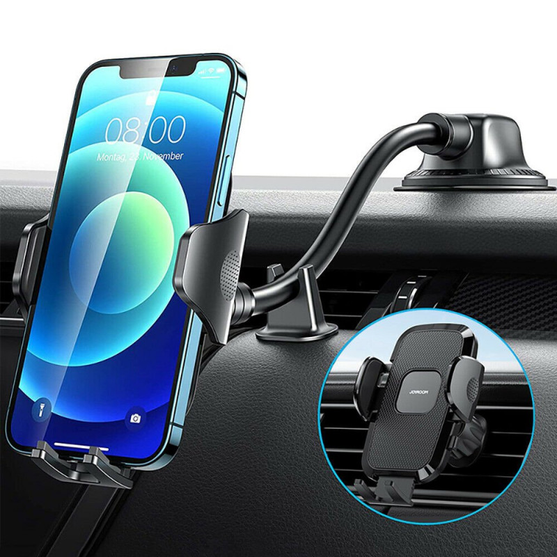 Automobilinis telefono laikiklis su lanksčia rankena prietaisų skydeliui, priekinis stiklas, juodas