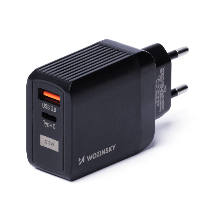 Sieninis įkroviklis su 2 USB prievadais USB-C 20W juodas