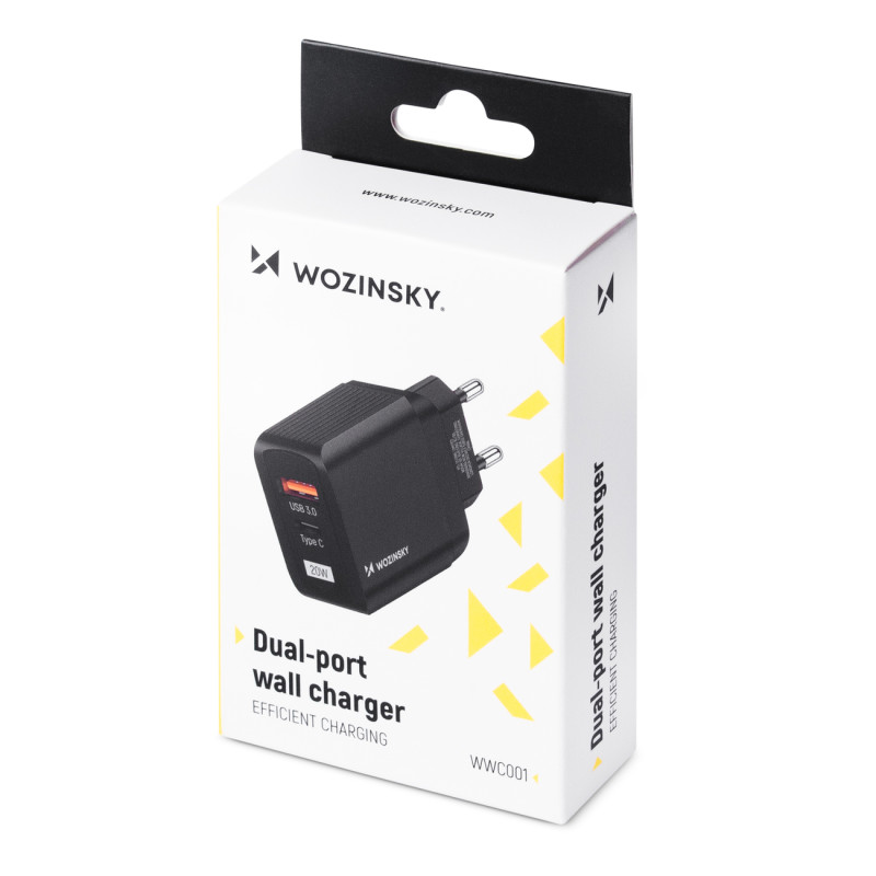 Sieninis įkroviklis su 2 USB prievadais USB-C 20W juodas