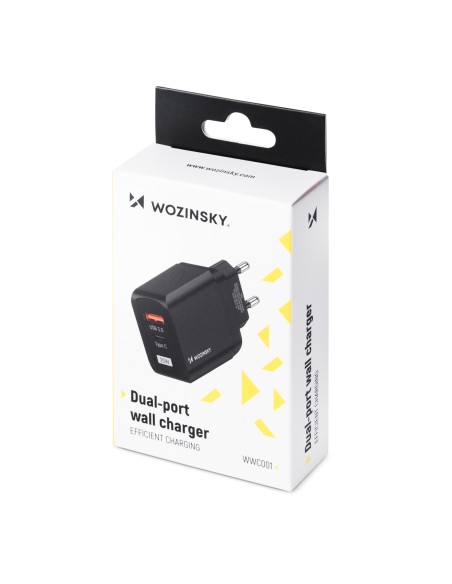 Sieninis įkroviklis su 2 USB prievadais USB-C 20W juodas Sieninis įkroviklis su 2 USB prievadais USB-C 20W juodas