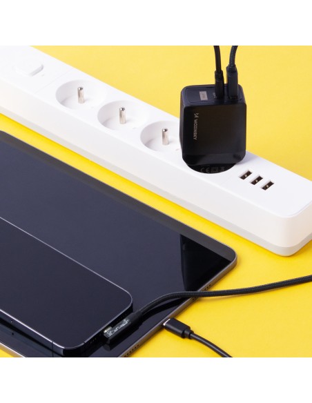Sieninis įkroviklis su 2 USB prievadais USB-C 20W juodas Sieninis įkroviklis su 2 USB prievadais USB-C 20W juodas
