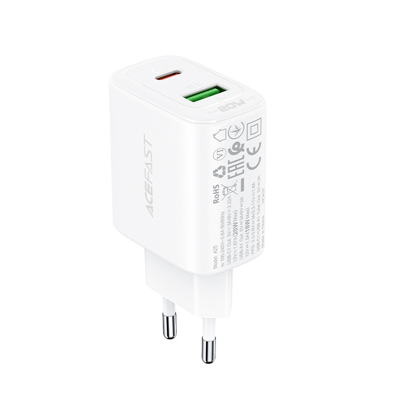 USB-C ir USB 20 W sieninis įkroviklis PPS PD QC 3.0 AFC FCP baltas
