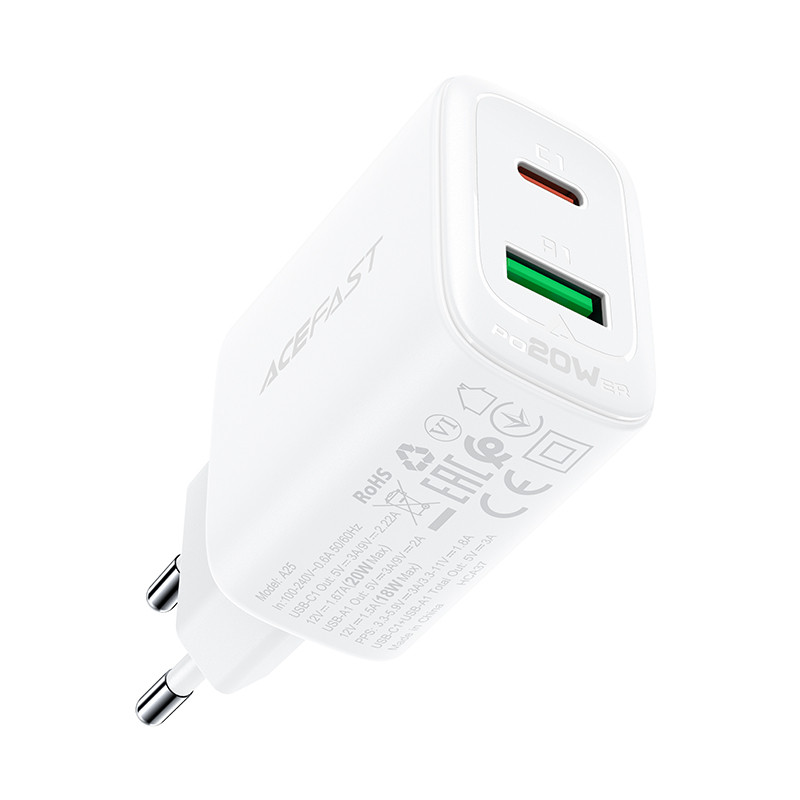 USB-C ir USB 20 W sieninis įkroviklis PPS PD QC 3.0 AFC FCP baltas