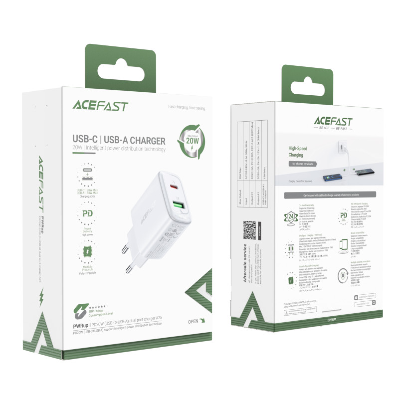 USB-C ir USB 20 W sieninis įkroviklis PPS PD QC 3.0 AFC FCP baltas