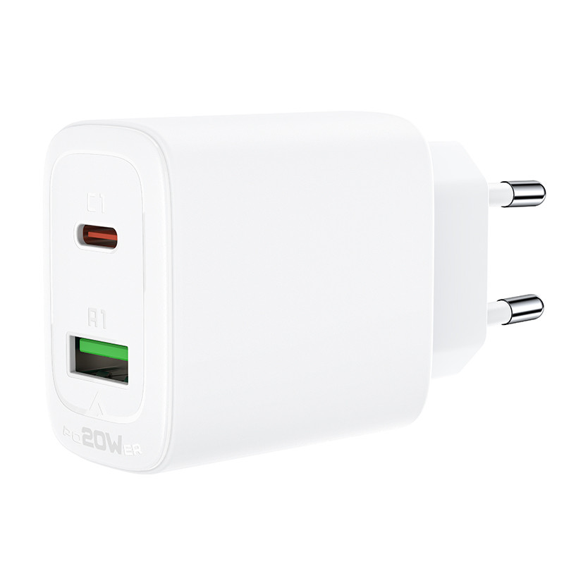 USB-C ir USB 20 W sieninis įkroviklis PPS PD QC 3.0 AFC FCP baltas