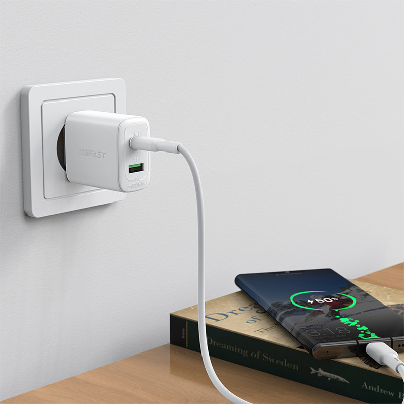 USB-C ir USB 20 W sieninis įkroviklis PPS PD QC 3.0 AFC FCP baltas