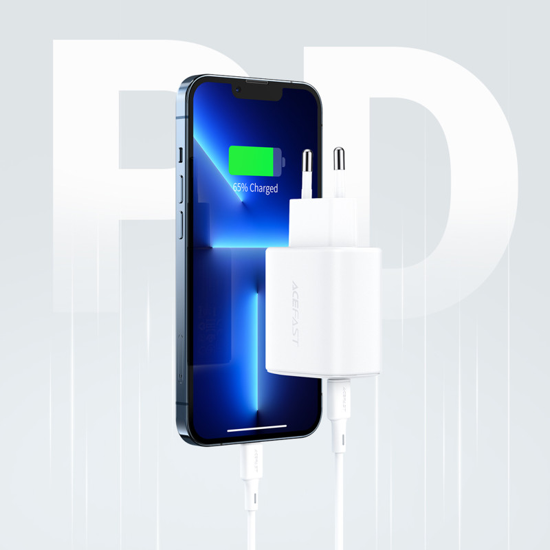 USB-C ir USB 20 W sieninis įkroviklis PPS PD QC 3.0 AFC FCP baltas