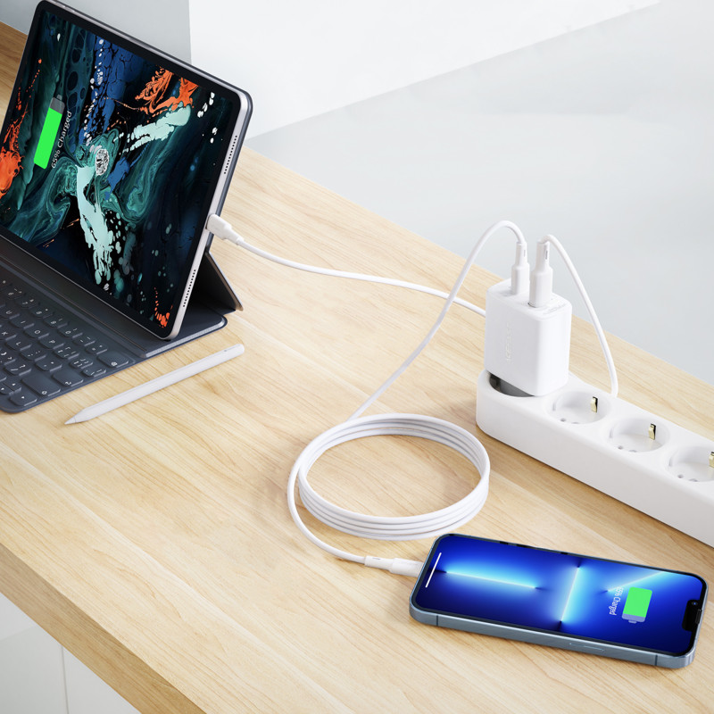 USB-C ir USB 20 W sieninis įkroviklis PPS PD QC 3.0 AFC FCP baltas