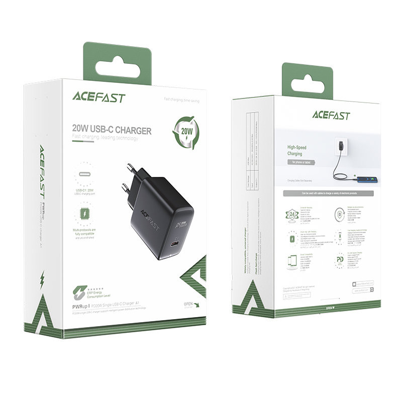 Greitas USB-C 20 W maitinimo įkroviklis, juodas