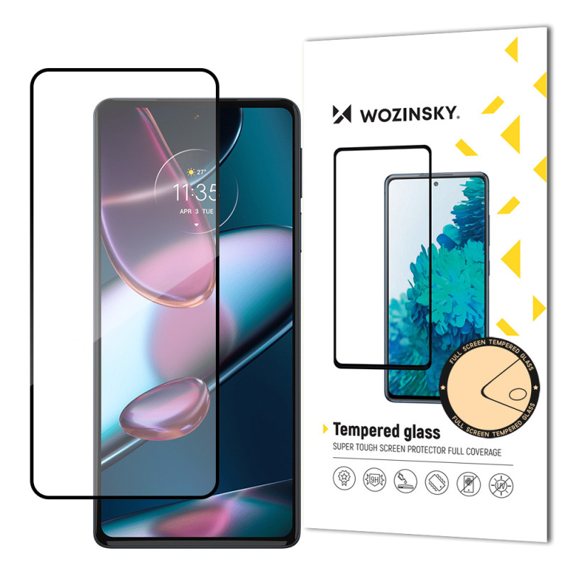 
Itin patvarus grūdintas stiklas su rėmeliu, dengiančiu visą Motorola Edge 30 juodą ekraną
